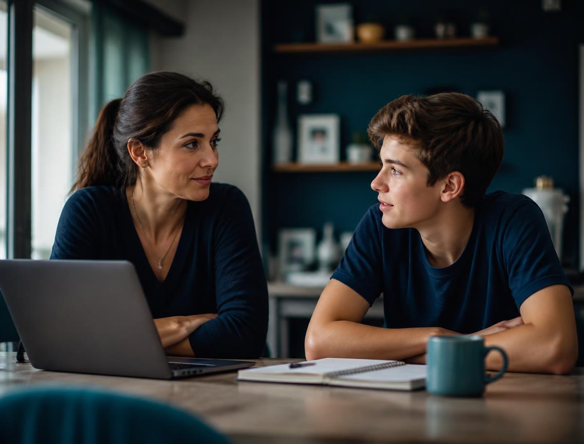 A parent and their teenage child talking together at home